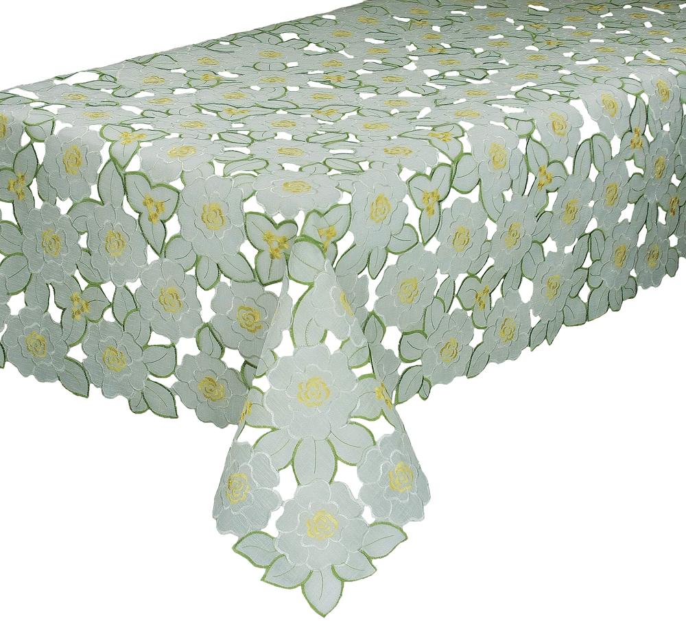 XD12057 Dainty Flowers Tablecloth featuring intricate floral embroidery on sheer polyester fabric, perfect for elegant dining settings.