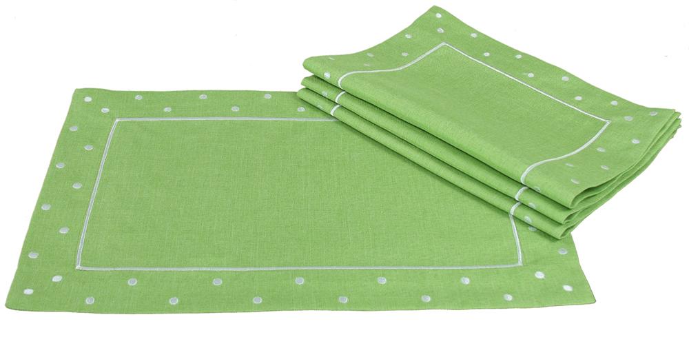 Set of 4 XD13015 Polka Dot Placemats featuring embroidered polka dots in vibrant colors on a solid background.