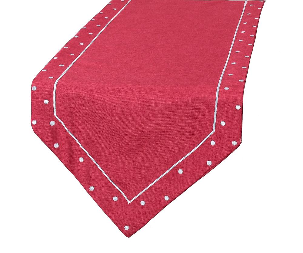 XD13015 Polka Dot Table Runner featuring embroidered polka dots in vibrant colors on a solid background, perfect for dining decor.