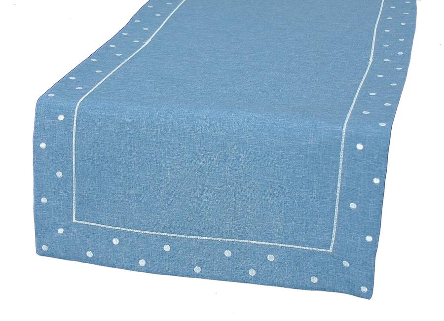 XD13015 Polka Dot Table Runner featuring embroidered polka dots in vibrant colors on a solid background, perfect for dining decor.