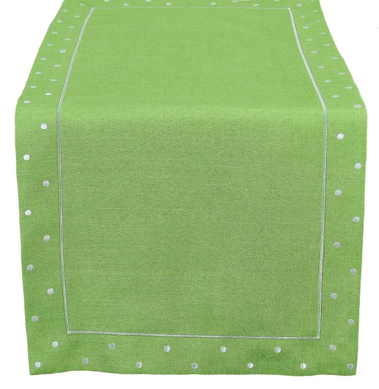 XD13015 Polka Dot Table Runner featuring embroidered polka dots in vibrant colors on a solid background, perfect for dining decor.