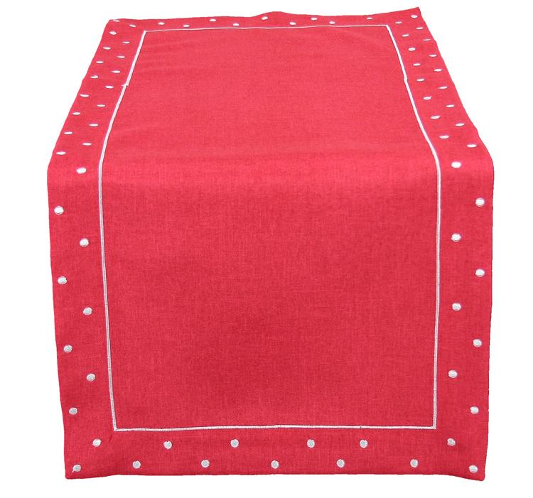 XD13015 Polka Dot Table Runner featuring embroidered polka dots in vibrant colors on a solid background, perfect for dining decor.