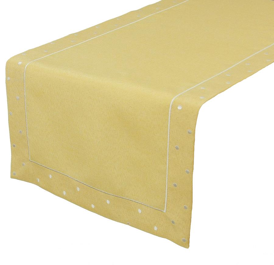 XD13015 Polka Dot Table Runner featuring embroidered polka dots in vibrant colors on a solid background, perfect for dining decor.