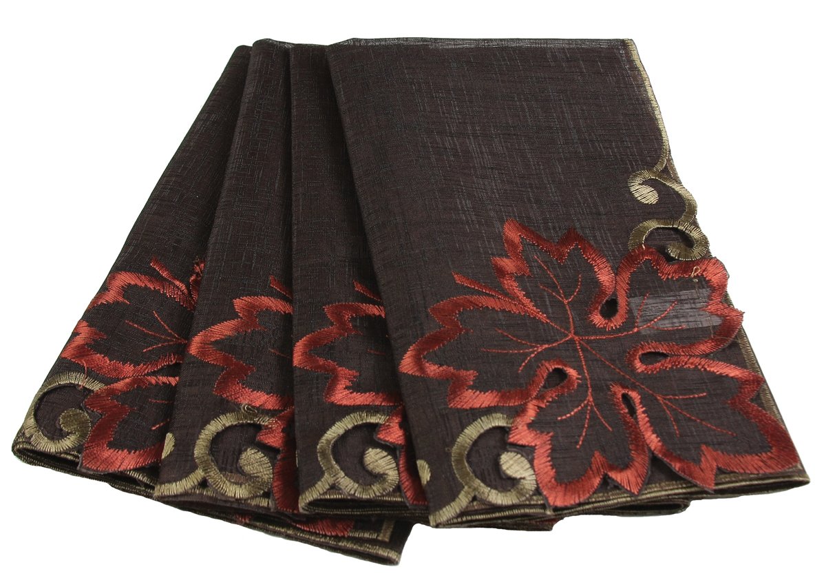 Set of 4 XD13019 Dainty Leaf Napkins featuring rich mocha sheer fabric with intricate autumn leaf embroidery.