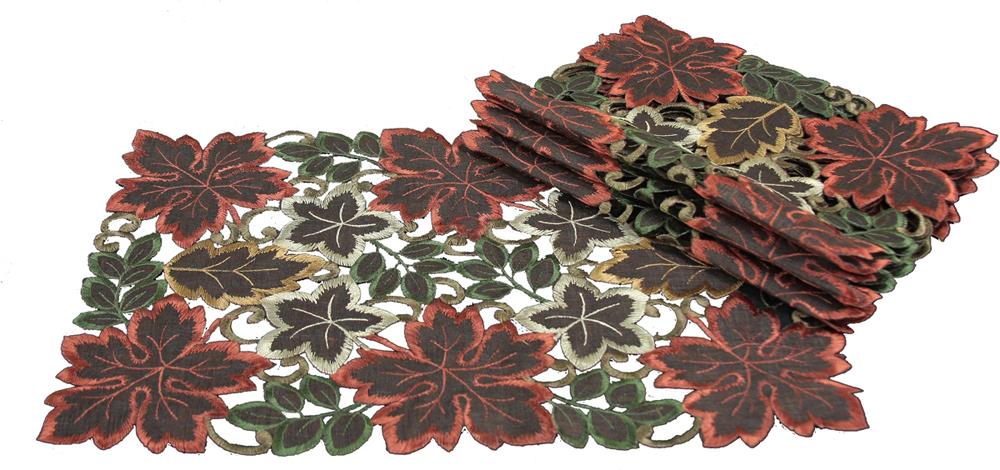 Set of 4 XD13019 Dainty Leaf Placemats featuring intricate autumn leaf embroidery on rich mocha sheer fabric.