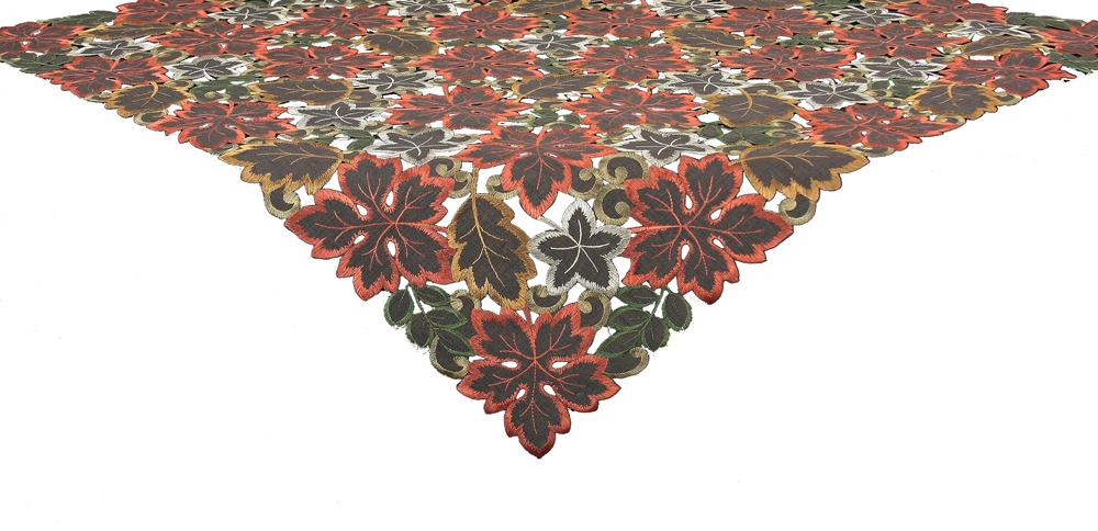 XD13019 Dainty Leaf Table Topper featuring autumn leaf embroidery on rich mocha sheer fabric, perfect for fall dining.