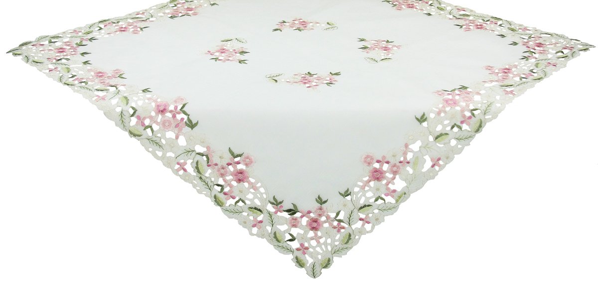 XD13041 Fairy Garden Sheer Table Topper featuring embroidered flowers and delicate cutwork design, perfect for elegant dining settings.