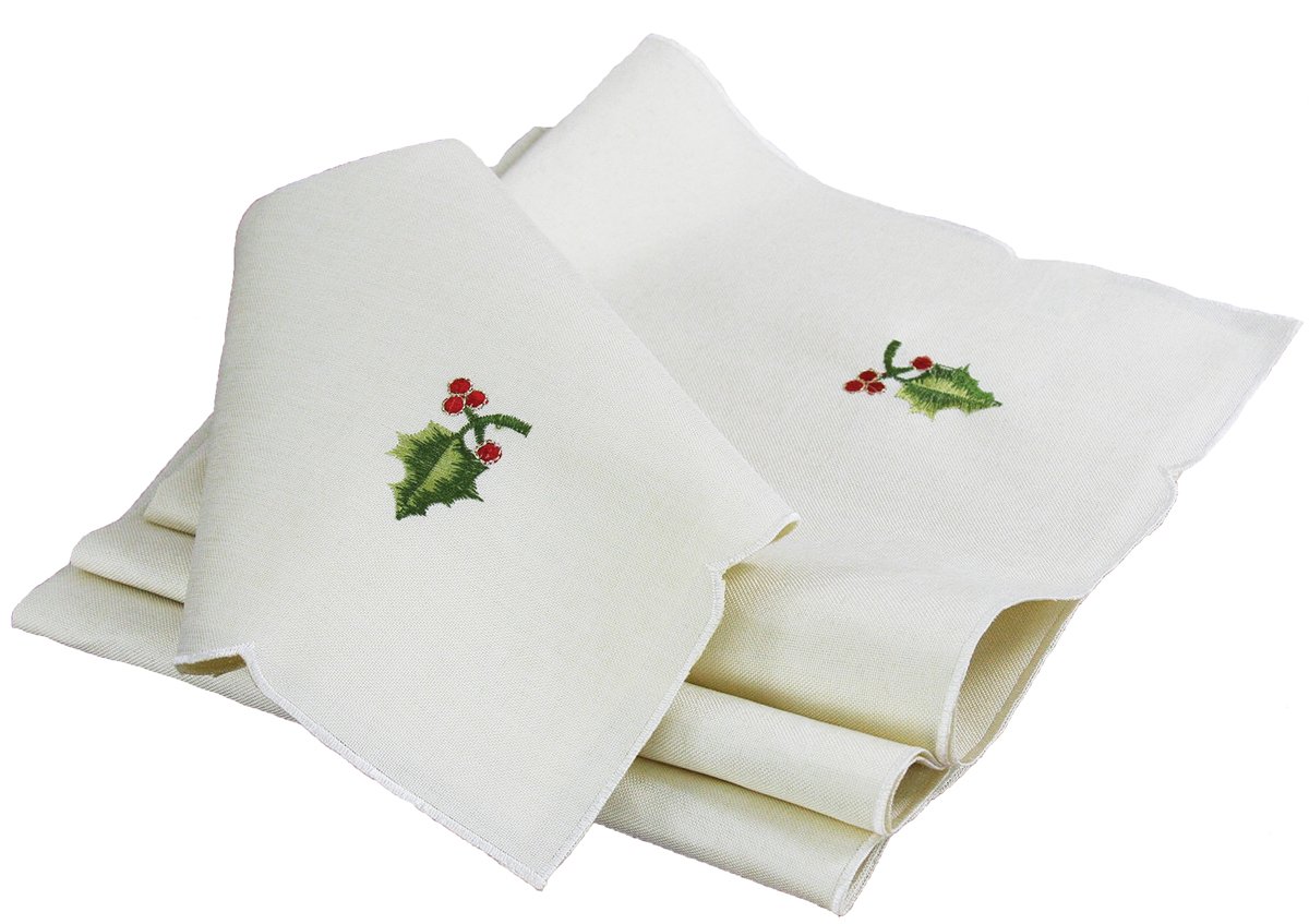 Set of 4 XD13188 Winter Berry Napkins featuring embroidered holly berries on an off-white background with elegant cutwork.