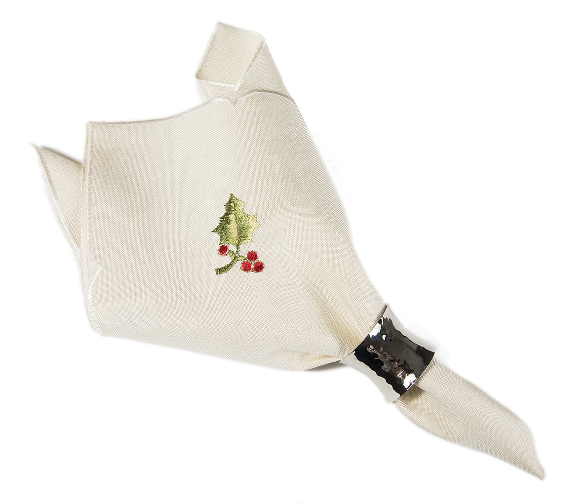 Set of 4 XD13188 Winter Berry Napkins featuring embroidered holly berries on an off-white background with elegant cutwork.