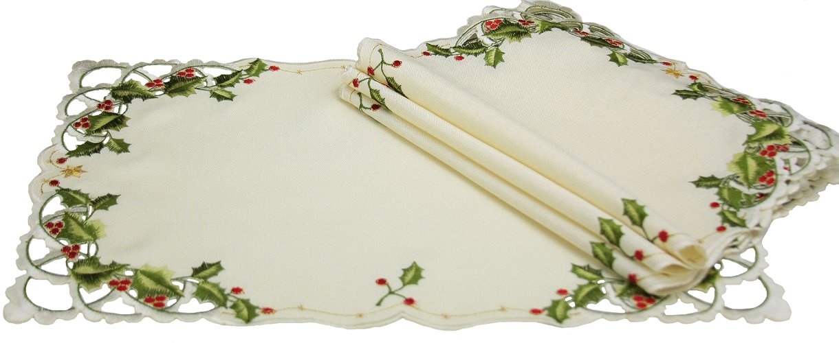 Set of 4 XD13188 Winter Berry Placemats featuring embroidered holly berries on an off-white background with elegant cutwork.