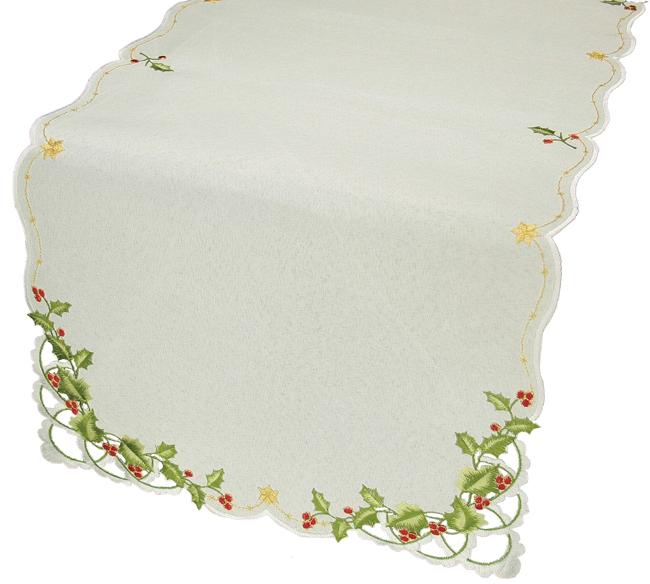 XD13188 Winter Berry Table Runner featuring embroidered holly berries on an off-white background with hand-rendered cutwork.