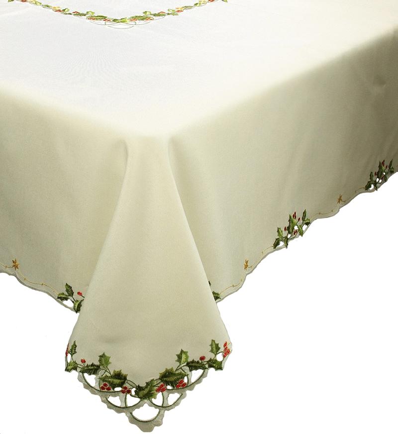 XD13188 Winter Berry Tablecloth featuring embroidered holly berries on an off-white background with elegant cutwork detailing.