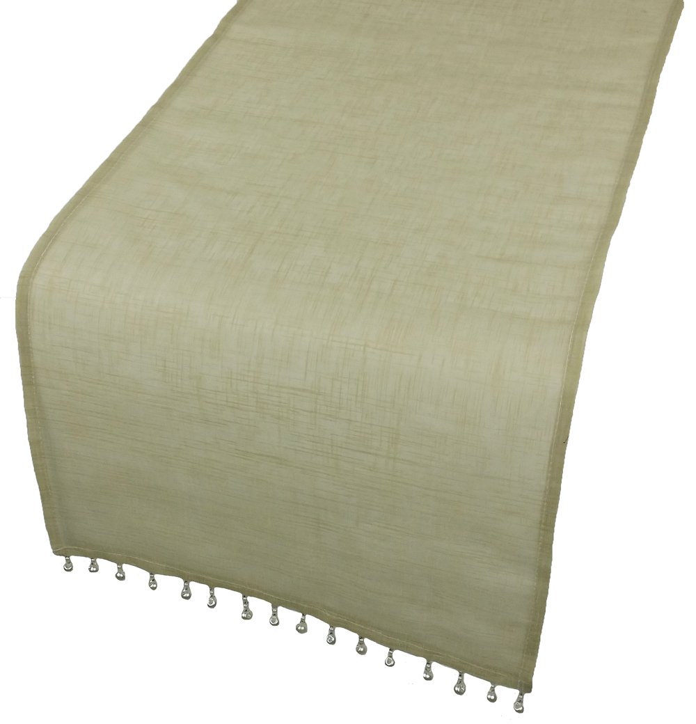 XD13187 Beaded Sheer Table Runner featuring pearlized beads on a luxurious sheer fabric, perfect for elegant dining settings.