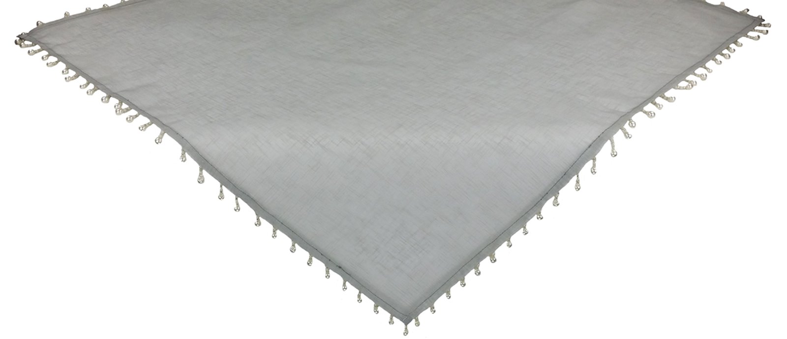 XD13187 Beaded Sheer Table Topper in silver, featuring pearlized beaded embellishments on a sheer fabric, measuring 34x34 inches.