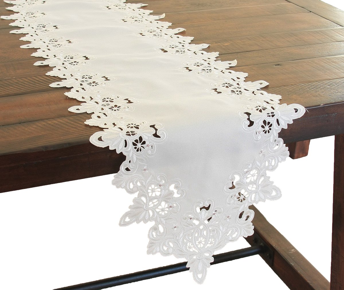 XD13988 Victorian Lace Table Runner featuring intricate scalloped cutwork and tonal embroidery in ivory and taupe colors.