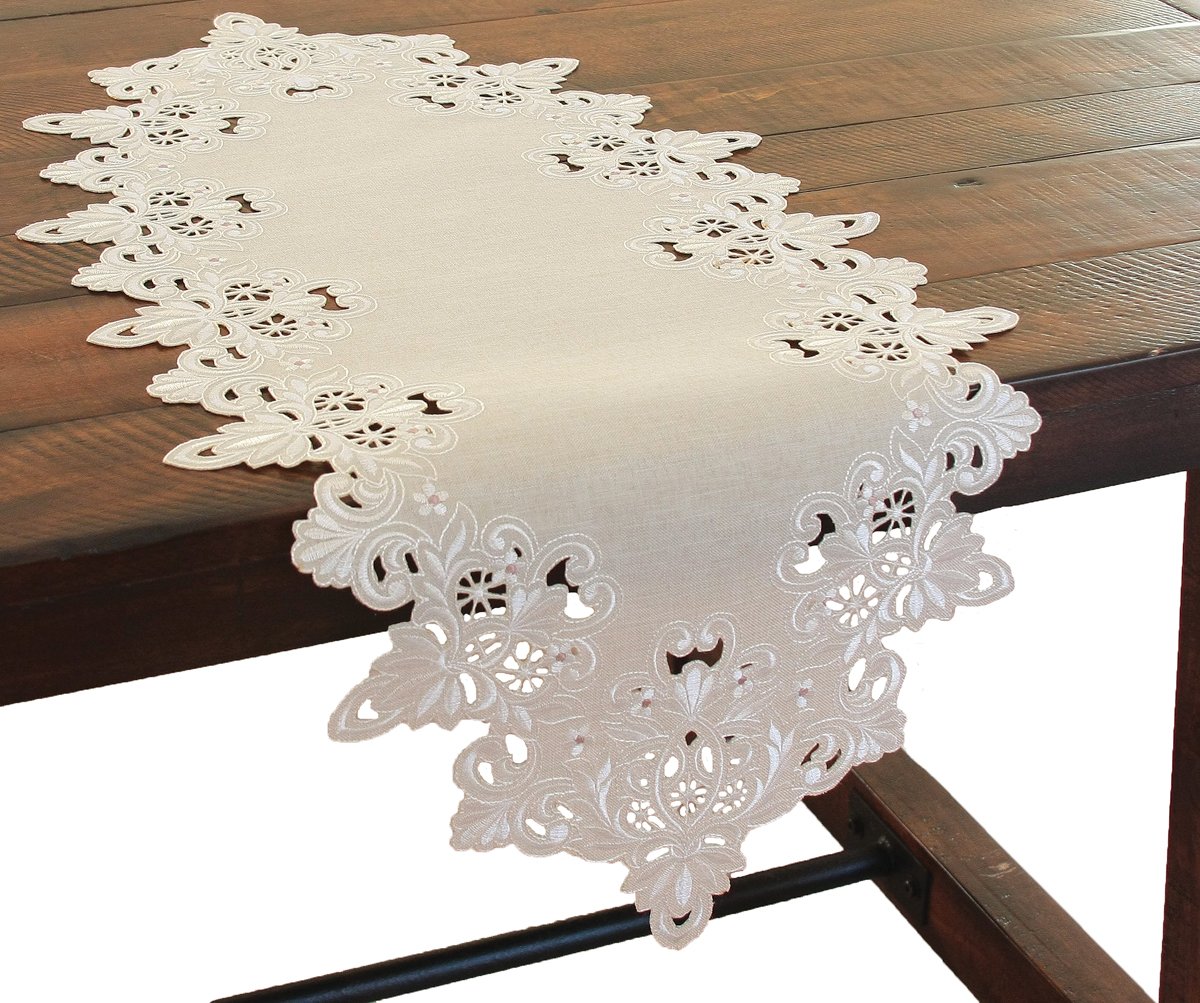 XD13988 Victorian Lace Table Runner featuring intricate scalloped cutwork and tonal embroidery in ivory and taupe colors.