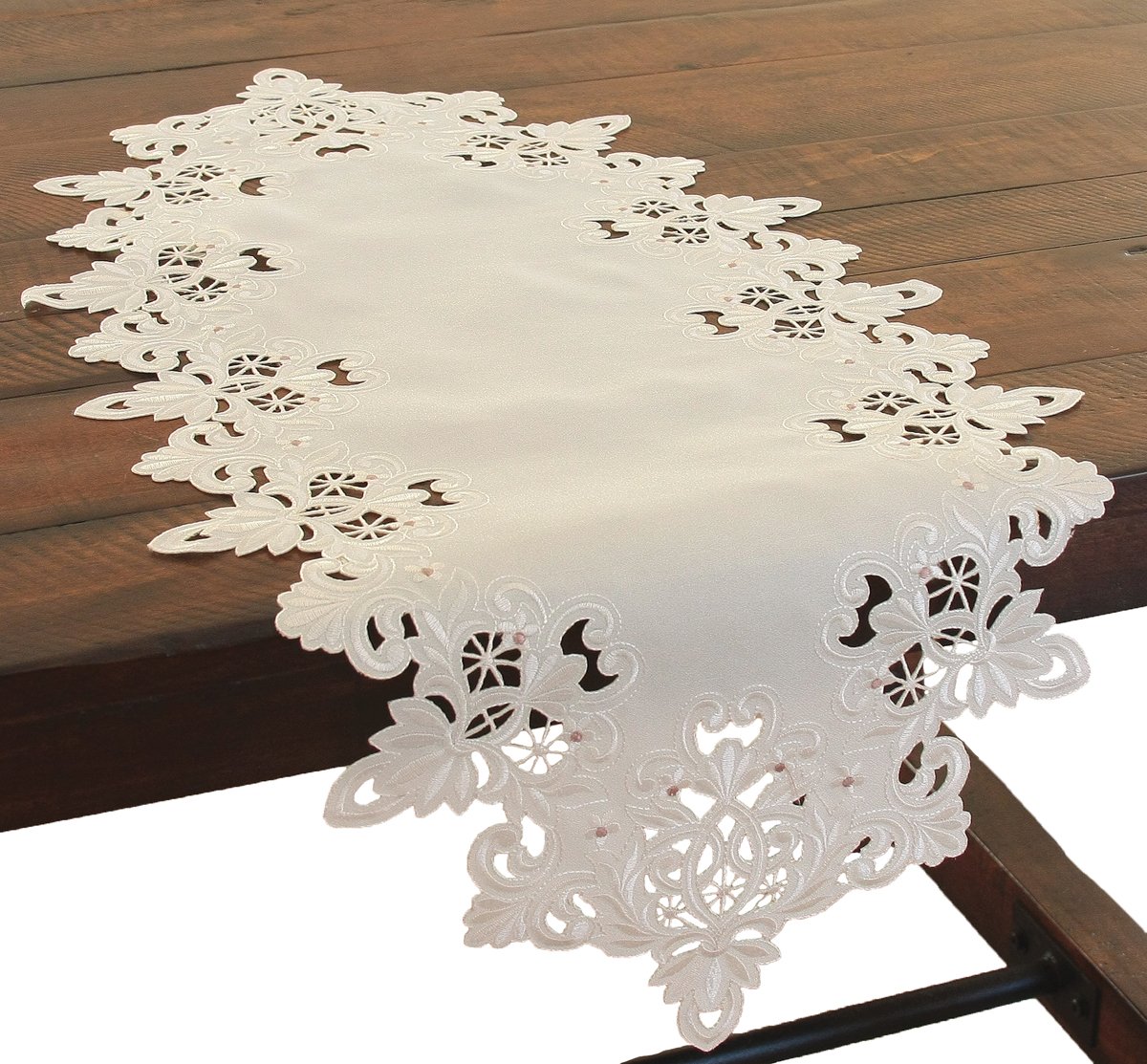 XD13988 Victorian Lace Table Runner featuring intricate scalloped cutwork and tonal embroidery in ivory and taupe colors.