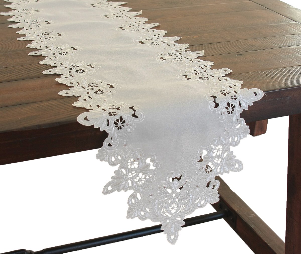 XD13988 Victorian Lace Table Runner featuring intricate scalloped cutwork and tonal embroidery in ivory and taupe colors.