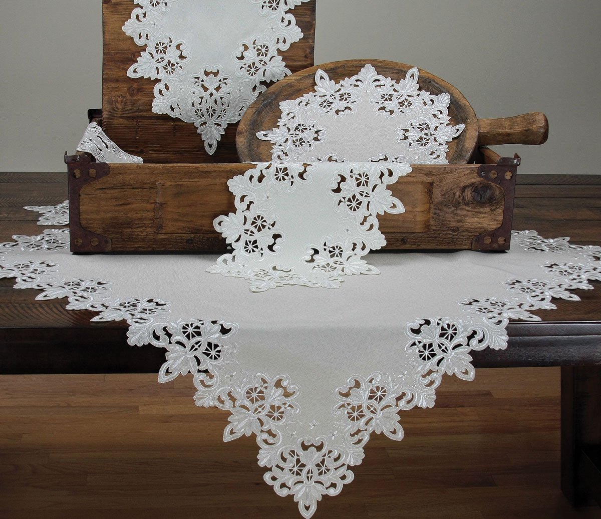 XD13988 Victorian Lace Table Topper in ivory with intricate scalloped cutwork and embroidery, measuring 34x34 inches.