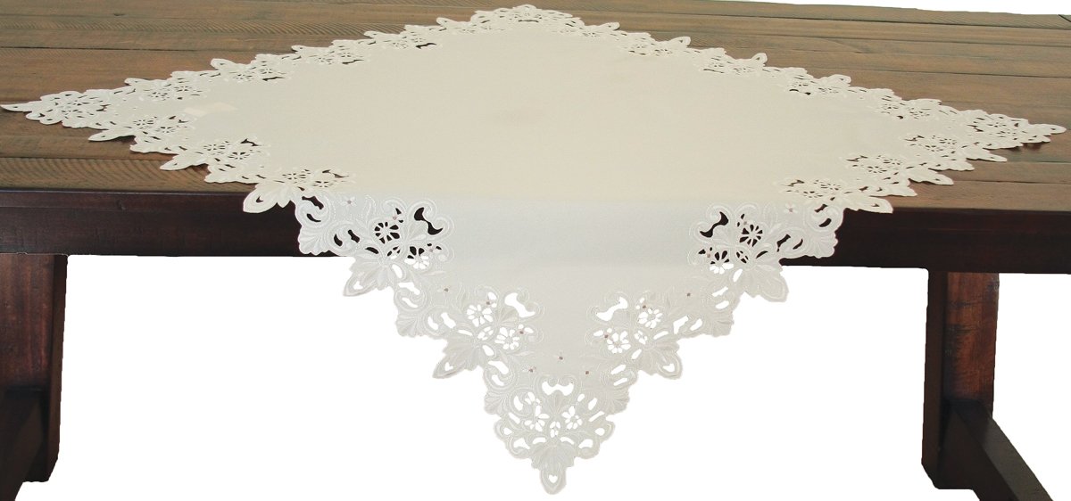 XD13988 Victorian Lace Table Topper in ivory with intricate scalloped cutwork and embroidery, measuring 34x34 inches.