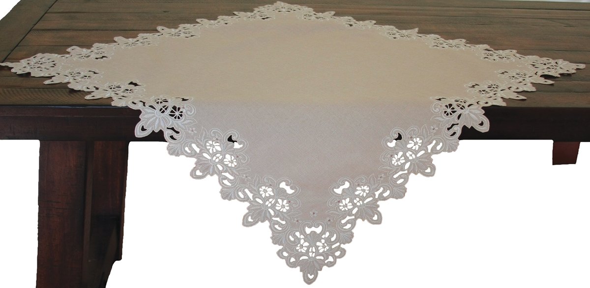 XD13988 Victorian Lace Table Topper in ivory with intricate scalloped cutwork and embroidery, measuring 34x34 inches.