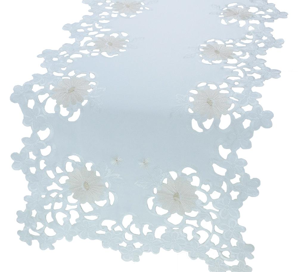 XD14003 Daisy Divine Table Runner featuring elegant daisy floral embroidery on a refined cutwork design, perfect for enhancing dining settings.