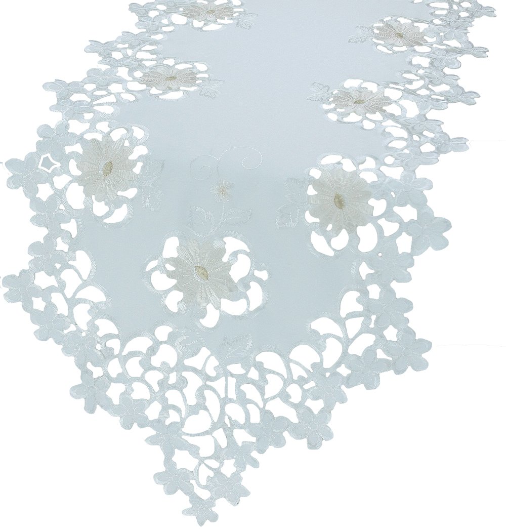 XD14003 Daisy Divine Table Runner featuring elegant daisy floral embroidery on a refined cutwork design, perfect for enhancing dining settings.