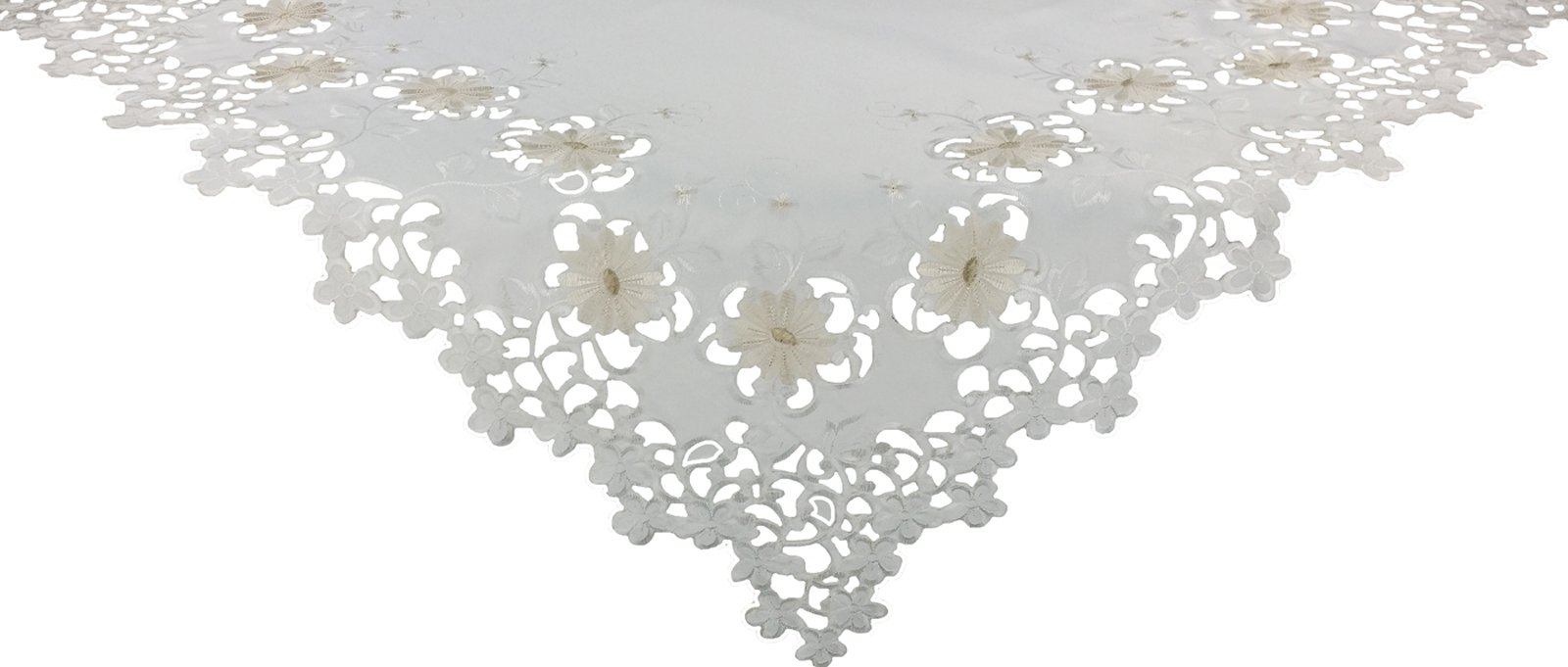 XD14003 Daisy Divine Table Topper featuring elegant daisy floral embroidery on a 34x34 inch cutwork design.