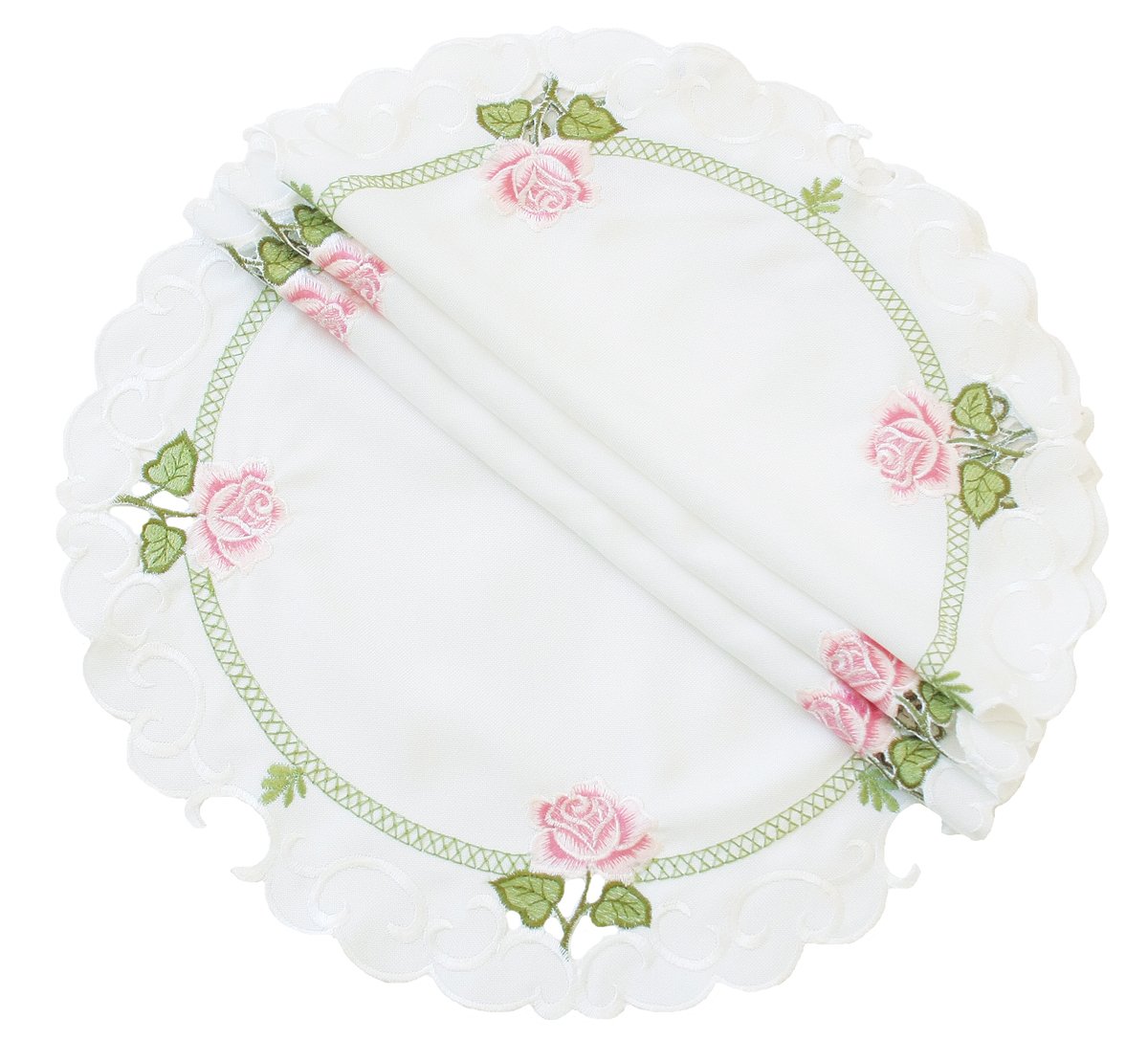 Set of 4 Summer Rose Doilies featuring embroidered pink roses on a white background, perfect for elegant table settings.