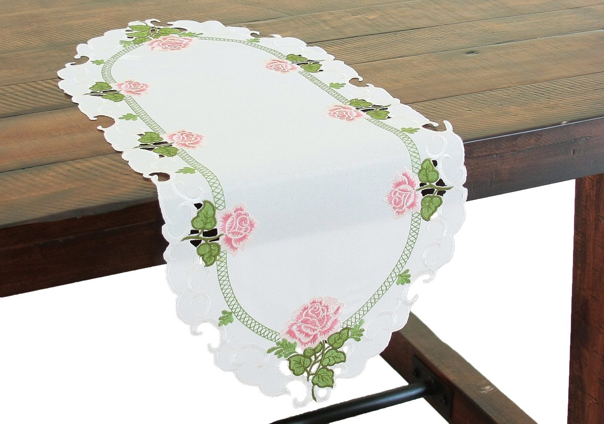 XD14038 Summer Rose Table Runner featuring embroidered pink roses on a white background, perfect for elegant dining settings.