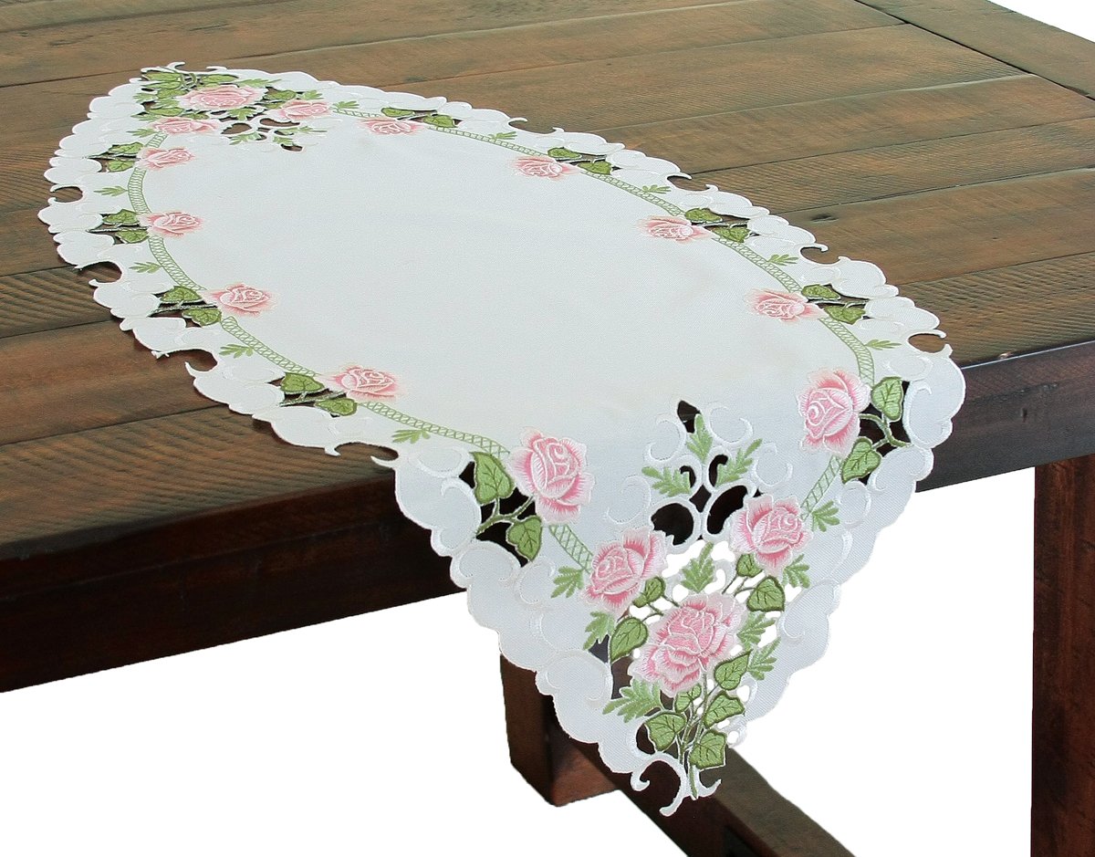 XD14038 Summer Rose Table Runner featuring embroidered pink roses on a white background, perfect for elegant dining settings.