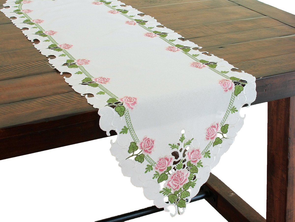 XD14038 Summer Rose Table Runner featuring embroidered pink roses on a white background, perfect for elegant dining settings.