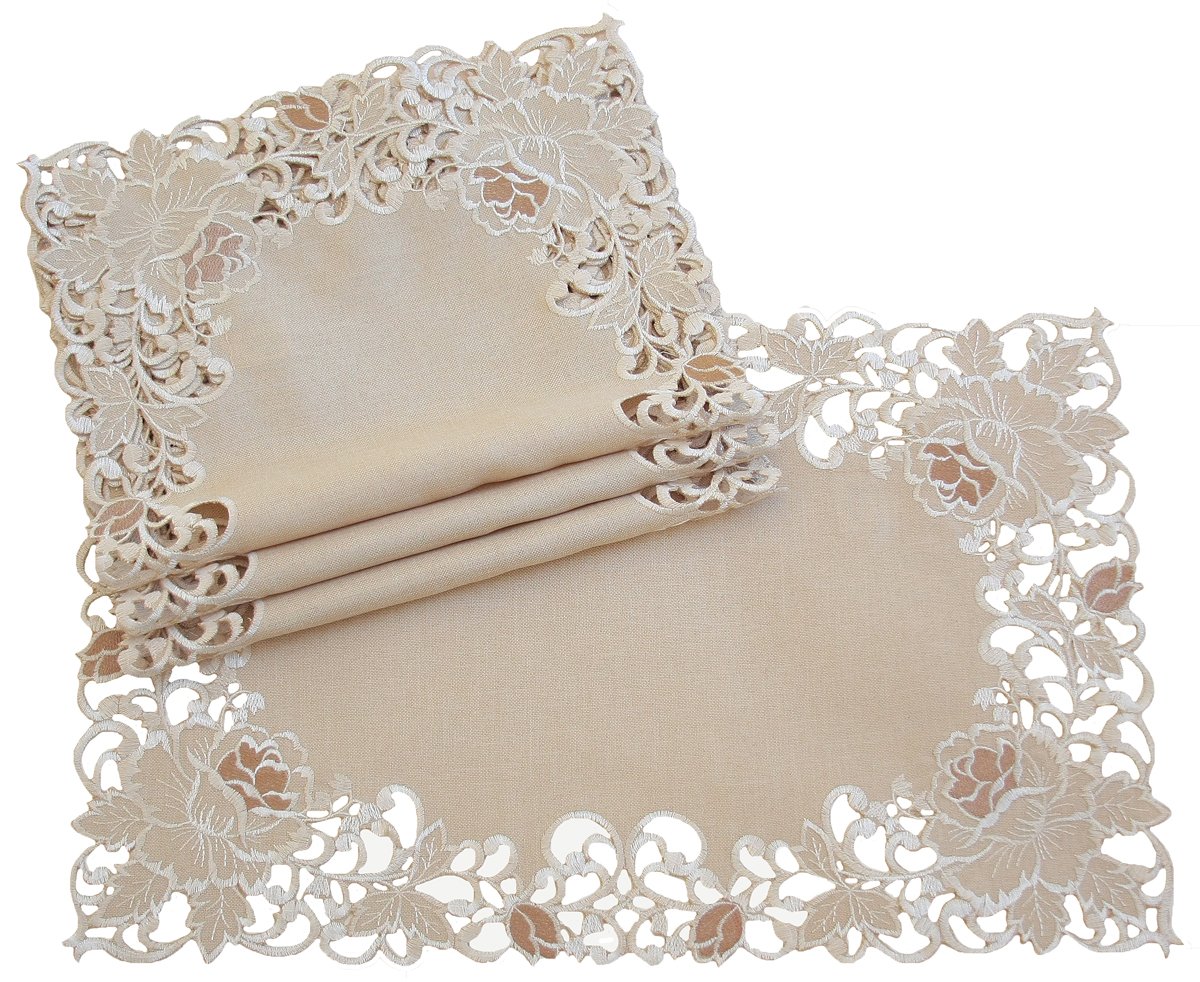 Set of 4 XD14039 Scrolling Rose Placemats featuring intricate rose embroidery and scrolling cutwork design on a delicate linen fabric.