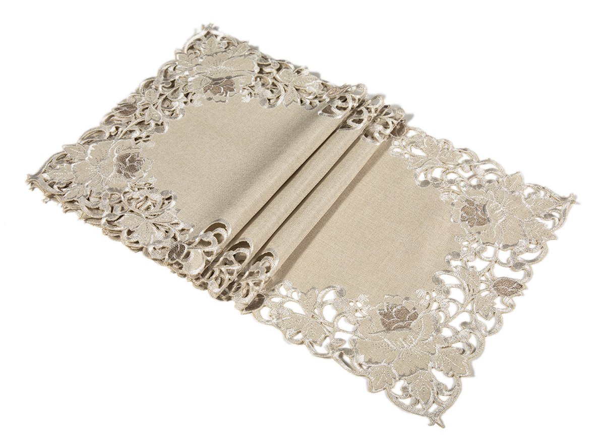 Set of 4 XD14039 Scrolling Rose Placemats featuring intricate rose embroidery and scrolling cutwork design on a delicate linen fabric.