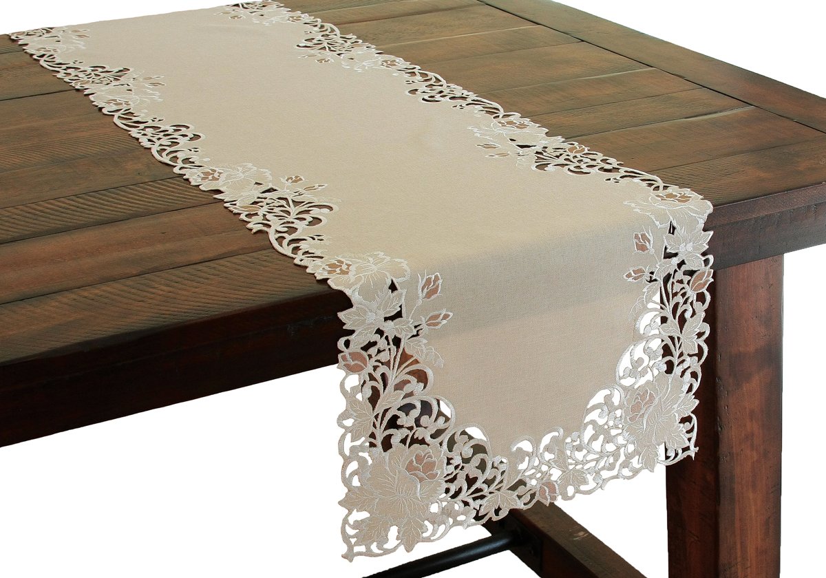 XD14039 Scrolling Rose Table Runner featuring lush rose embroidery and elegant cutwork design on a decorative linen.