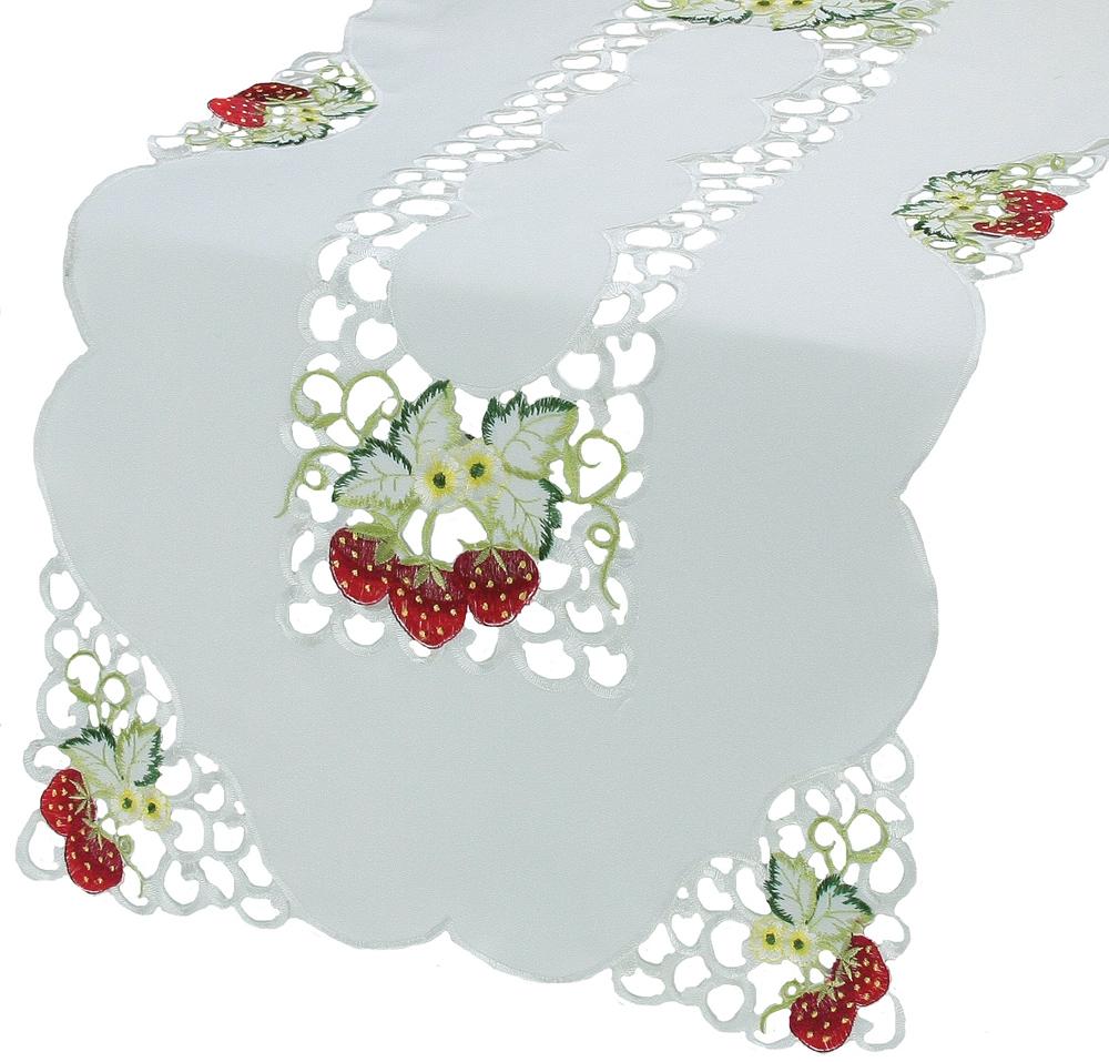 XD14006 Strawberry Embroidered Table Runner featuring vibrant strawberries and blossoms in intricate cutwork design.