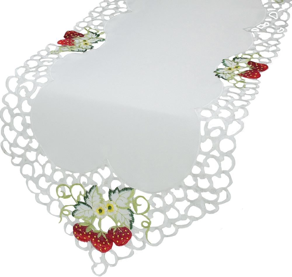 XD14006 Strawberry Embroidered Table Runner featuring vibrant strawberries and blossoms in intricate cutwork design.