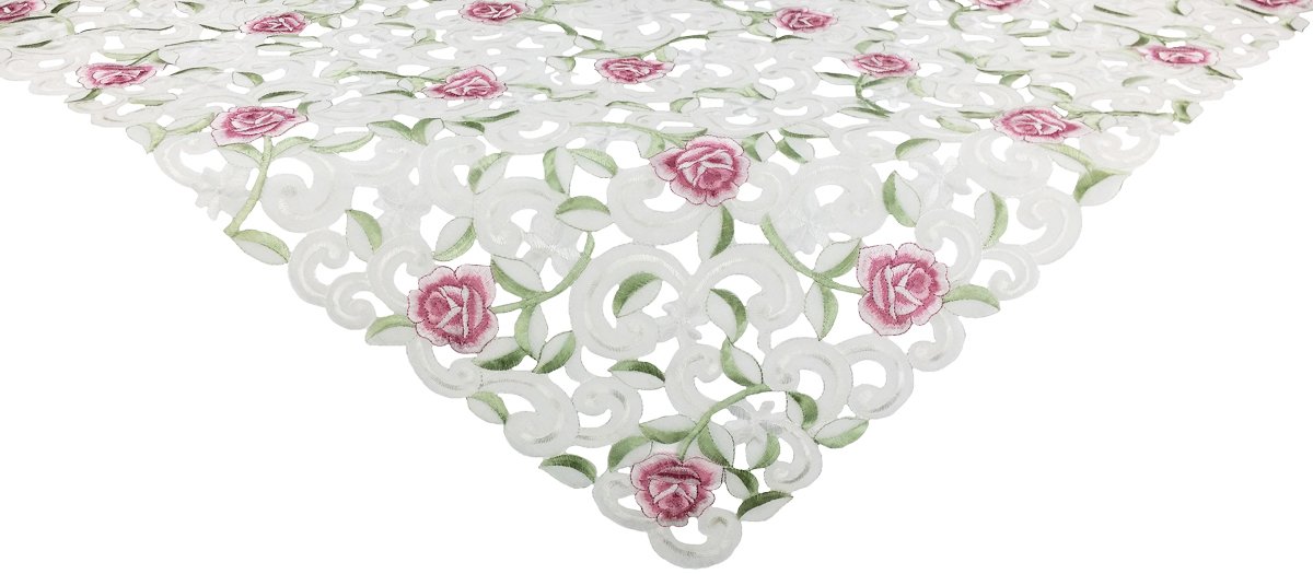 XD14008 Dainty Rose Table Topper featuring delicate floral embroidery on sheer fabric, perfect for dining and tea time.