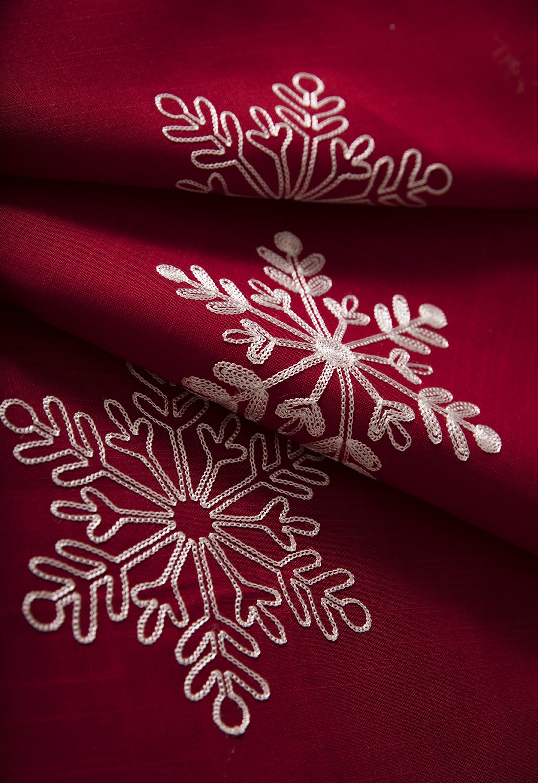 XD14103 Snowflake Tablecloth featuring intricate snowflake embroidery on a classic red background, perfect for holiday dining.