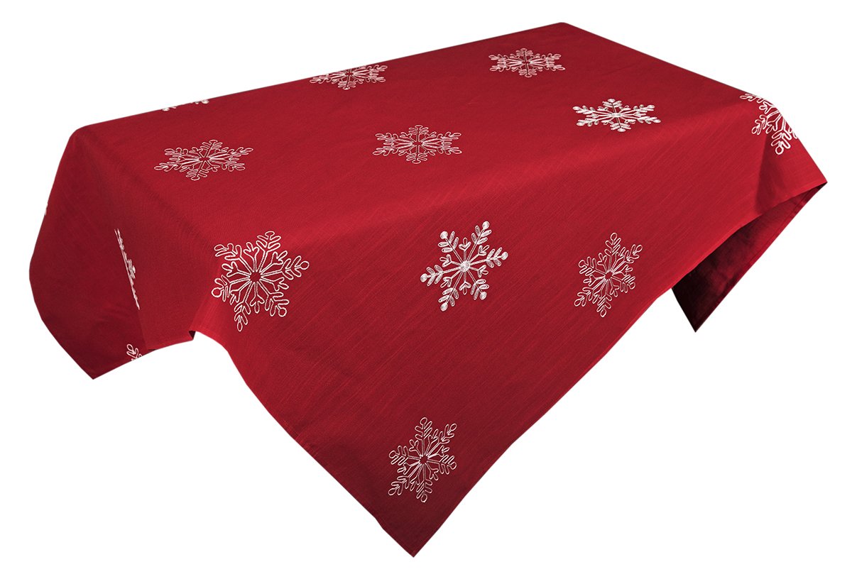 XD14103 Snowflake Tablecloth featuring intricate snowflake embroidery on a classic red background, perfect for holiday dining.