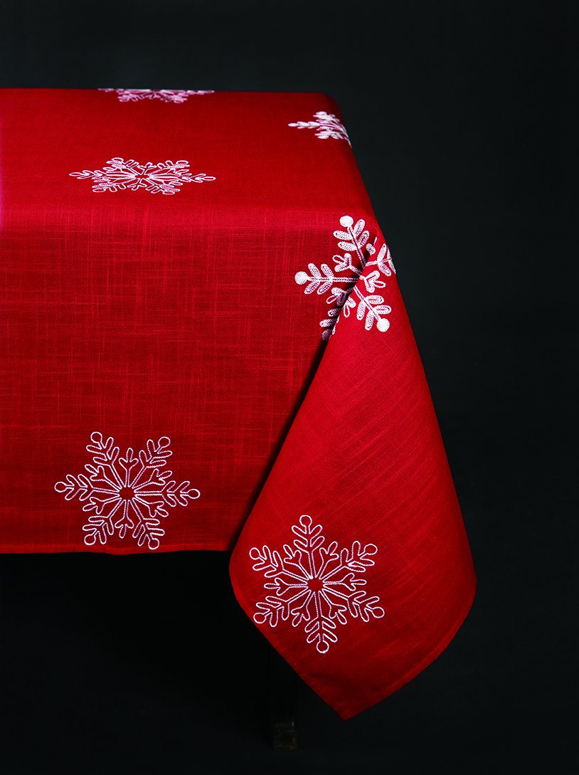 XD14103 Snowflake Tablecloth featuring intricate snowflake embroidery on a classic red background, perfect for holiday dining.