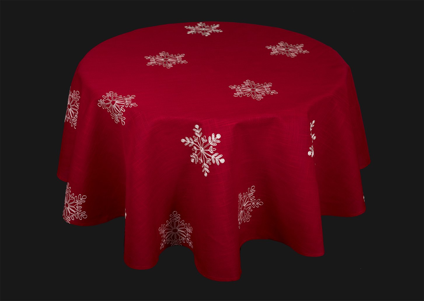 XD14103 Snowflake Tablecloth featuring intricate snowflake embroidery on a classic red background, perfect for holiday dining.