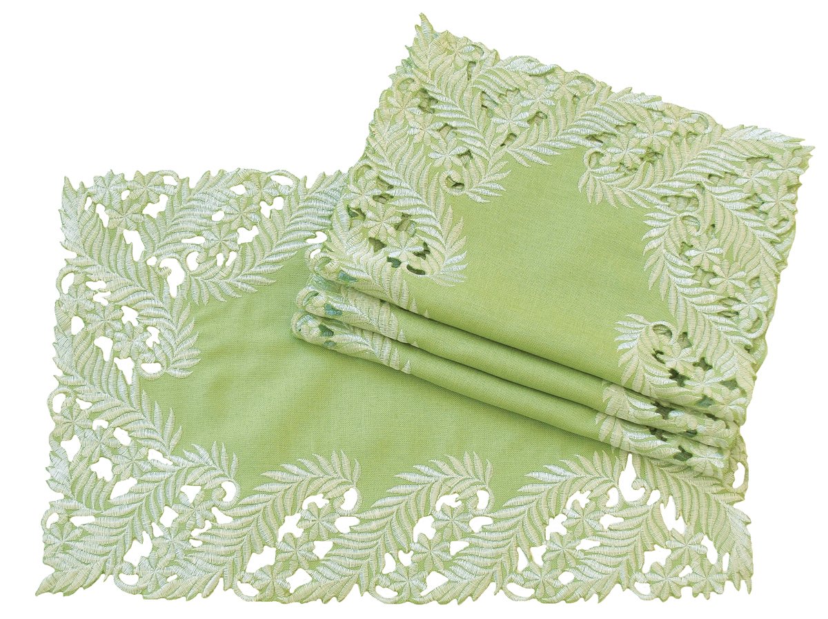 Set of 4 XD14208 Laurel Placemats featuring embroidered cutwork laurel leaves on a spring green backdrop, perfect for elegant dining.