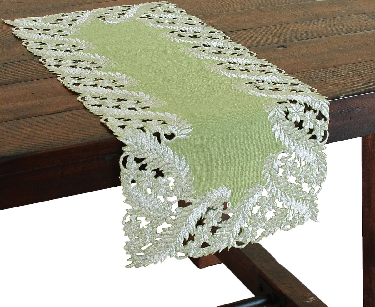 XD14208 Laurel Table Runner featuring embroidered cutwork laurel leaves on a spring green backdrop, perfect for elegant table settings.