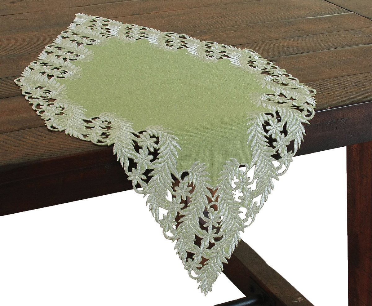 XD14208 Laurel Table Runner featuring embroidered cutwork laurel leaves on a spring green backdrop, perfect for elegant table settings.