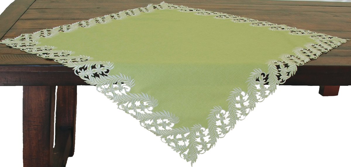 XD14208 Laurel Table Topper featuring embroidered cutwork laurel leaves on a spring green background, perfect for enhancing table settings.