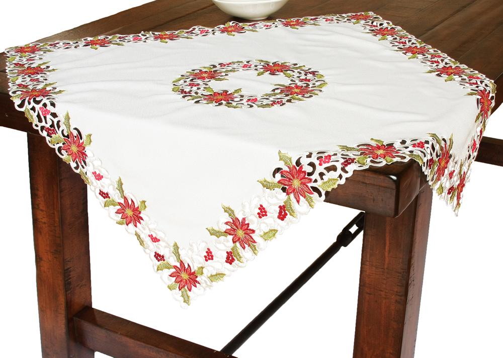 34x34 inch Poinsettia Lace Table Topper with intricate embroidered cutwork design, perfect for Christmas holiday decor.