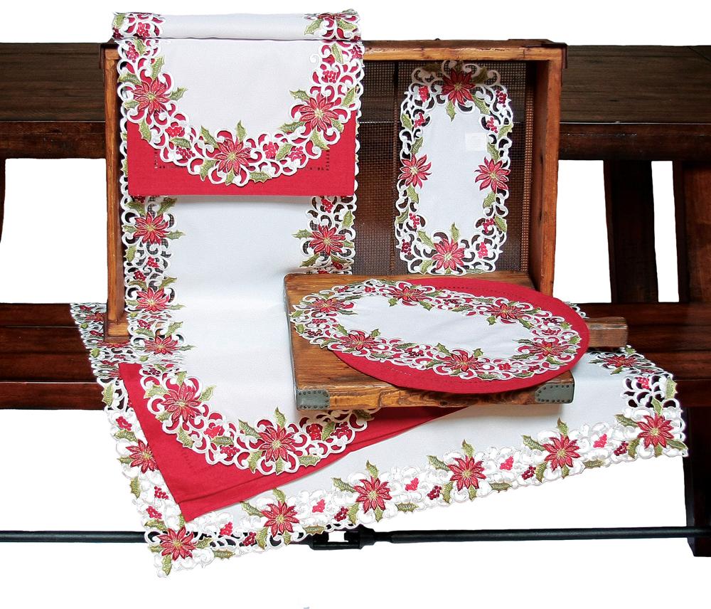 34x34 inch Poinsettia Lace Table Topper with intricate embroidered cutwork design, perfect for Christmas holiday decor.