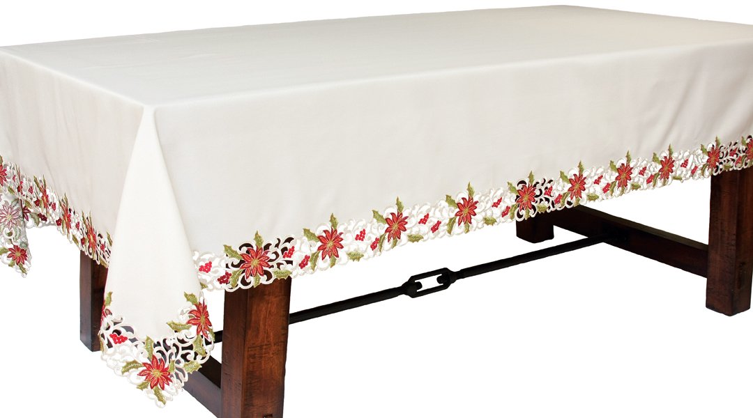 XD14782 Poinsettia Lace Tablecloth featuring intricate embroidered cutwork and festive poinsettia designs along the edges.