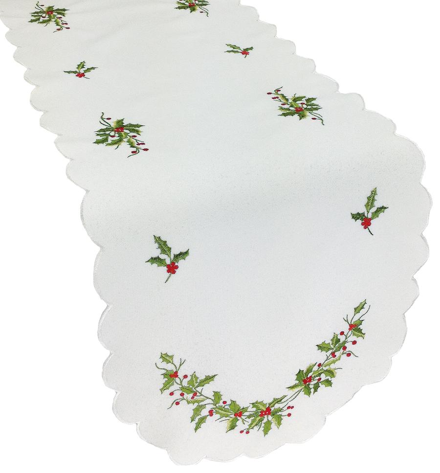 XD14790 Mistletoe Table Runner featuring elegant mistletoe embroidery on a crisp white background, perfect for holiday dining.